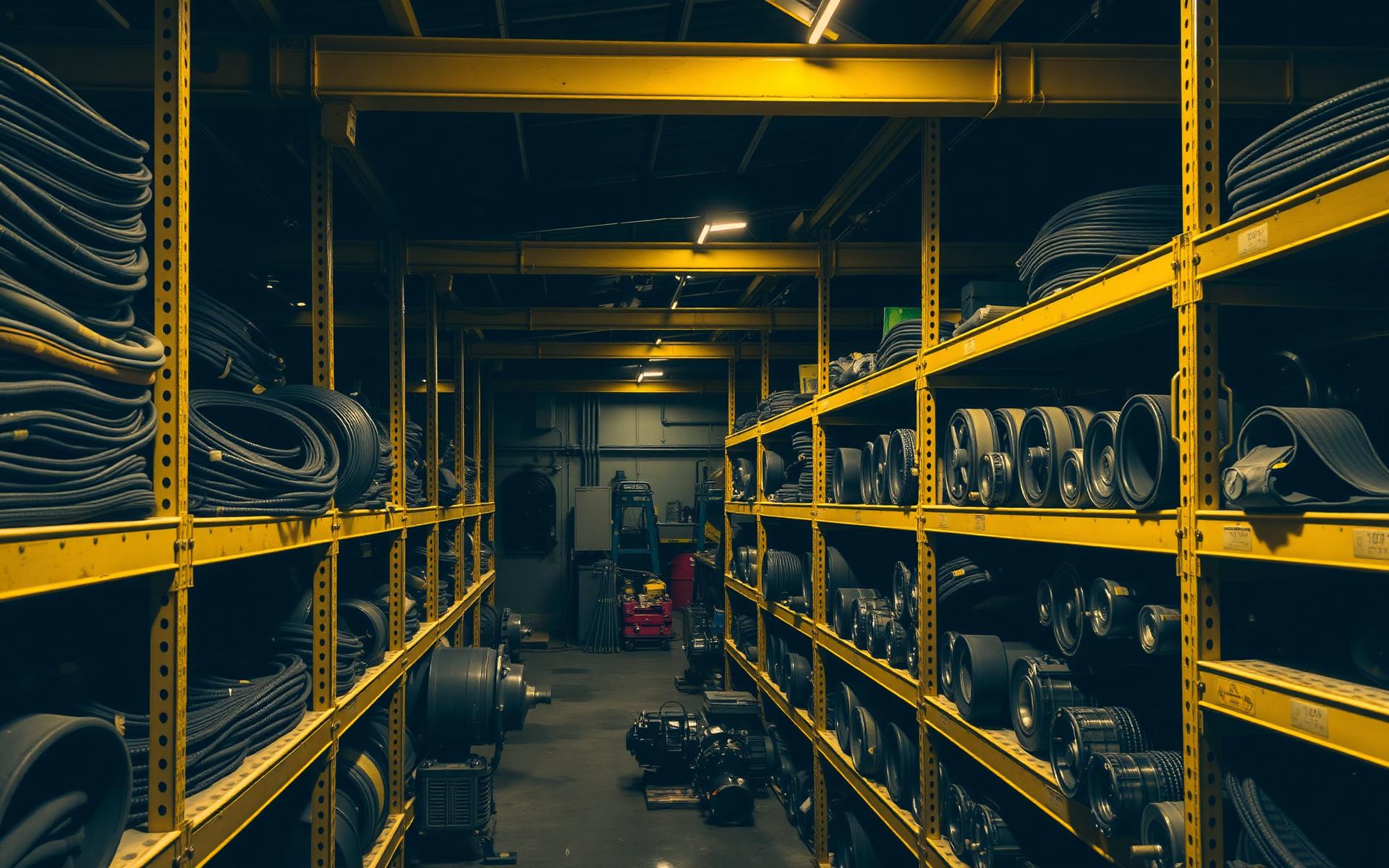 Galpão industrial da Casa do Rei com correias, mangueiras e peças